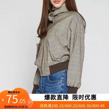 艾格新款春秋短外套时尚百搭宽松薄款深色格子立领青秋款上衣W553图片
