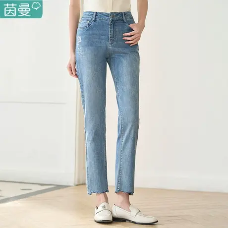 茵曼复古冰感九分牛仔裤女装2023年夏季新款高腰显瘦弹力烟管长裤图片