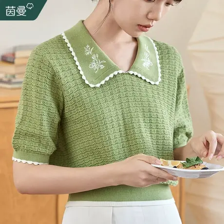 茵曼旗舰店法式复古绣花翻领针织衫女2023秋新款短袖绣花别致上衣图片