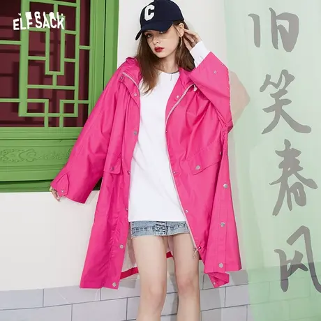 妖精的口袋红色中长款风衣外套女2023春季新款工装风休闲连帽气质图片