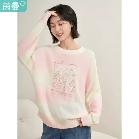 【商场同款】茵曼2023春女装新款趣味绣花兔子粉色舒适宽松毛衣图片