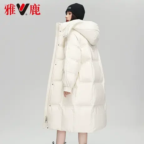 雅鹿白色羽绒服女中长款2022冬季新款休闲宽松连帽保暖长过膝外套商品大图