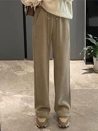 2023秋季新款高腰阔腿裤女抽绳直筒休闲裤垂感拖地加绒裤子ins潮商品大图