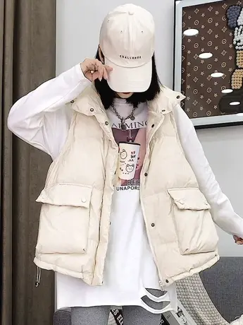羽绒棉马甲女短款韩版大码宽松大口袋木耳边无袖坎肩马夹背心外套商品大图
