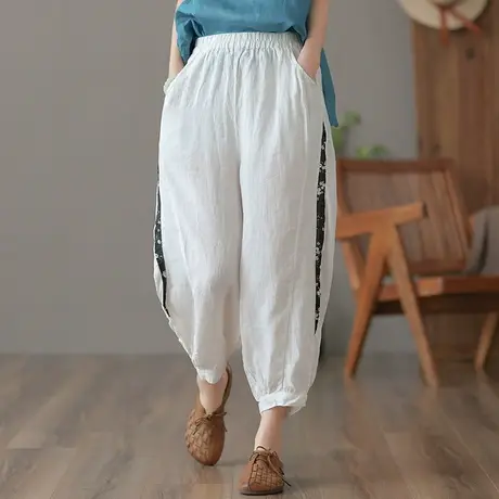 dza 高腰显瘦九分棉麻裤子女夏季薄款灯笼裤宽松阔腿裤防蚊萝卜裤图片