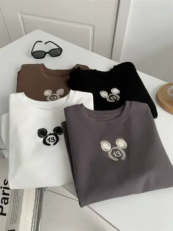 23早秋内搭刺绣圆领短袖T恤女宽松休闲小个子正肩纯色百搭打底衫商品大图