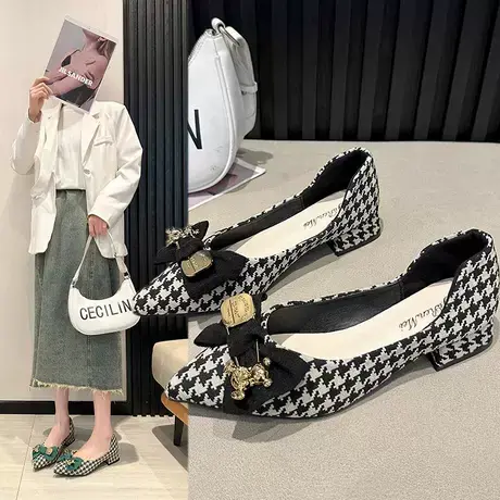 黑色浅口蝴蝶结鞋女2025新款格方辣妹尖头粗跟法式气质一脚蹬单鞋图片