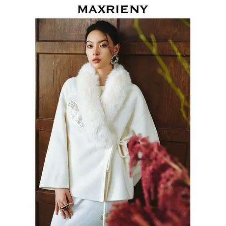 MAXRIENY贵雅新中式羊毛大衣24年冬新款刺绣廓形大毛领外套女商品大图