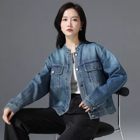 复古立领牛仔外套女2025年秋季新款小个子宽松显瘦设计感拼接上衣商品大图