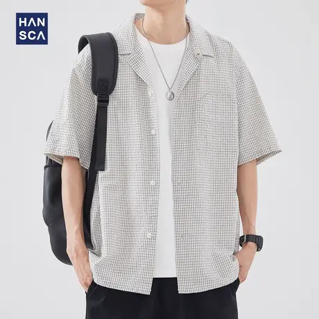 hansca翻领透气短袖衬衫男夏季薄款凉感泡泡纱青少年休闲衬衣外套商品大图