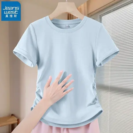 KHV真维斯短袖t恤女夏季2025新款正肩修身半袖小个子抽褶短款上衣商品大图