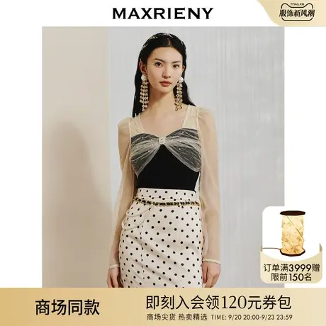 【商场同款】MAXRIENY复古宫廷风网纱针织拼接上衣女假两件针织衫图片