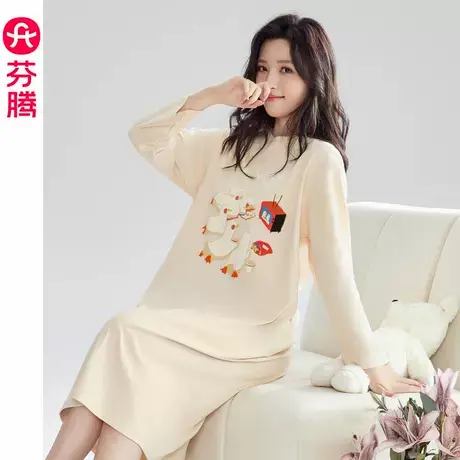 芬腾纯棉睡裙女春秋款2024新款长袖睡衣中长款连衣裙家居服可外穿商品大图