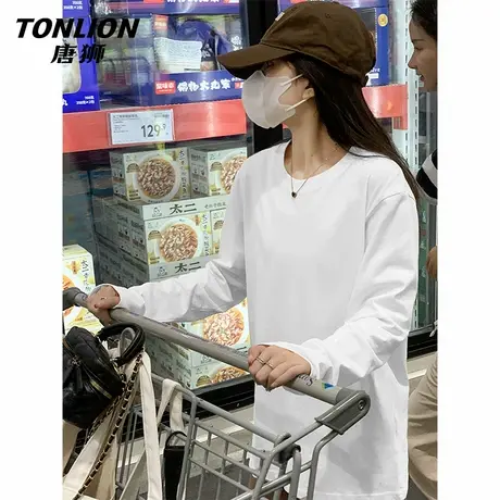 唐狮长袖t恤女2025新款春秋款女款纯棉宽松显瘦内搭白色上衣女VB图片