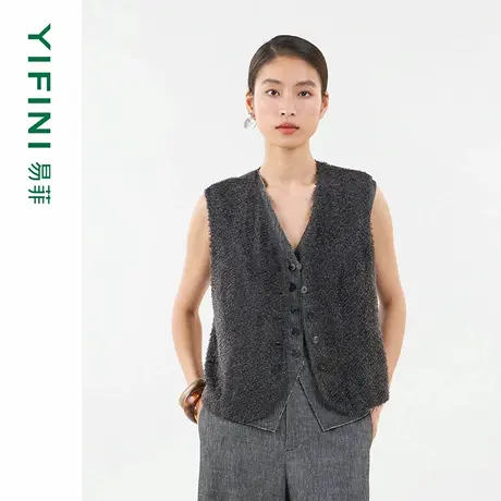 [专柜同款]Yifini/易菲含真丝桑蚕丝高级感毛面宽松短款马夹外套商品大图