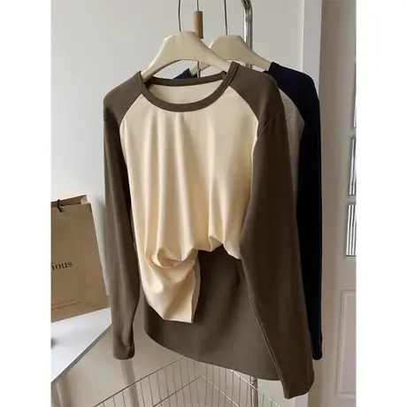 拼色插肩袖T恤女春秋装百搭宽松显瘦韩版内搭纯棉打底衫上衣体恤图片