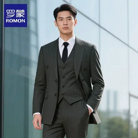 罗蒙男士西服套装2025秋季新款商务条纹双排扣西装订婚商务正装NX图片