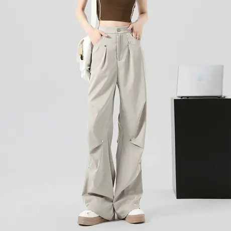 铆钉工装裤子女夏薄款2025新款宽松直筒垂坠感窄版休闲冰丝阔腿裤商品大图