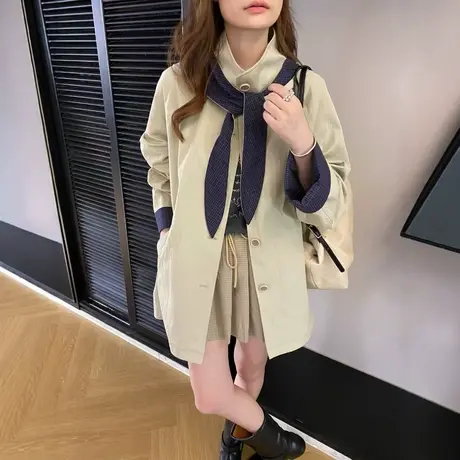 韩版格子撞色宽松风衣2025秋季新款翻边立领连帽外套女中长款上衣商品大图
