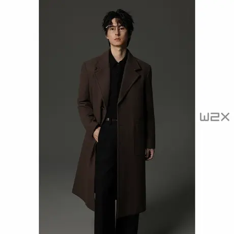 w2x冬季加厚单排扣双辑线长款过膝羊毛呢大衣男英伦风高级感外套图片