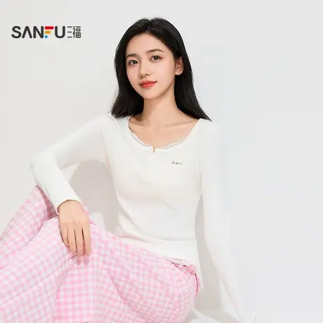 三福女秋季BM风蕾丝花边纽扣打底衫 甜美修身长袖上衣507904商品大图