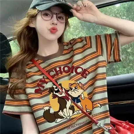 美式设计感条纹印花T恤女2025夏季爆款宽松百搭小众减龄短袖上衣图片