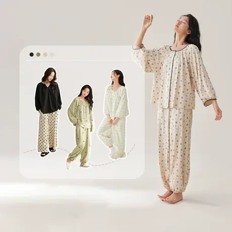 【蜜蜂欢乐社】安之伴纯棉圆领慵懒宽松睡衣女春秋甜美长袖套装商品大图
