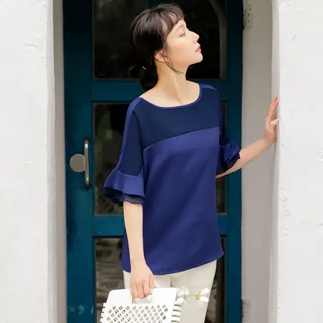 桔熊夏季通勤OL风荷叶袖拼接雪纺宽松上衣轻熟女大码AB15140商品大图