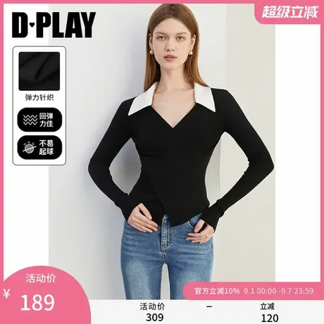 DPLAY2025秋季气质新款黑色毛衣女修身翻领撞色针织衫上衣长袖商品大图