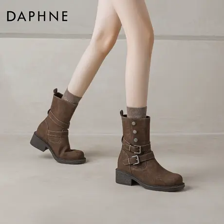 达芙妮咖色美拉德靴子中筒靴女2026新款高跟骑士靴内增高粗跟短靴图片