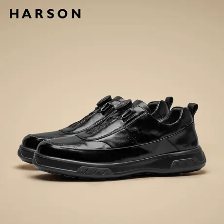 哈森旋转纽扣男鞋2026新款商务休闲皮鞋黑色鞋子男真皮爸爸休闲鞋商品大图