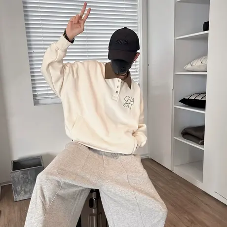 长袖T恤潮男早秋小众宽松美式复古POLO领卫衣学生拼色套头上衣图片