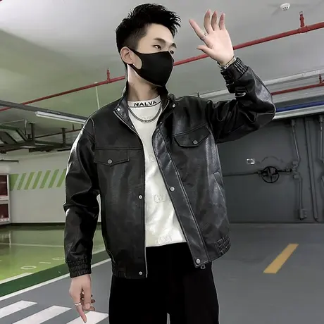 美式复古高街做旧皮衣外套男秋冬季潮牌新款潮流机车服立领皮夹克图片