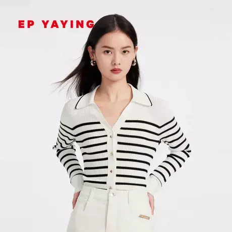 EP YAYING雅莹女装 撞色条纹V领冰丝polo针织开衫 2023夏装9125A图片