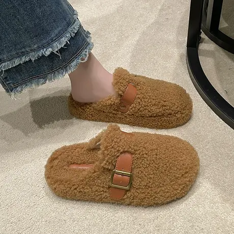 欧货厚底包头毛毛拖鞋女秋冬外穿高级感2023新款羊羔毛勃肯半拖鞋商品大图