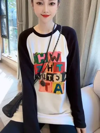 2023秋冬季加绒卫衣宽松休闲圆领彩色字母印花百搭显瘦上衣ins潮商品大图