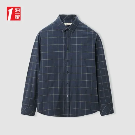 海一家扣领尖领长衬2023秋季新款时尚格纹舒适休闲长袖衬衫男商品大图