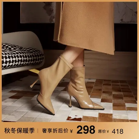 熙漫2023秋冬新款尖头细跟后拉链弹力靴时尚简约气质百搭高跟靴女图片