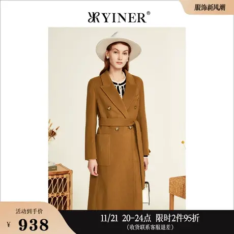 YINER音儿线上专选女装冬季纯绵羊毛双面呢大衣摩登驼色长款外套商品大图