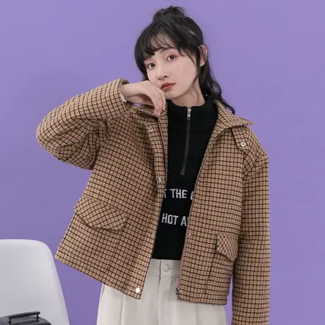 尔给短款文艺小清新格子毛呢西装小外套女冬学生韩版加厚呢子大衣图片