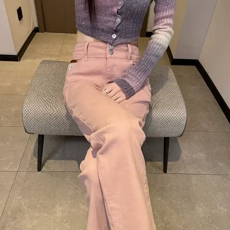 粉色九分直筒牛仔裤女2024年春季新款高腰显瘦糖果色小个子烟管裤商品大图