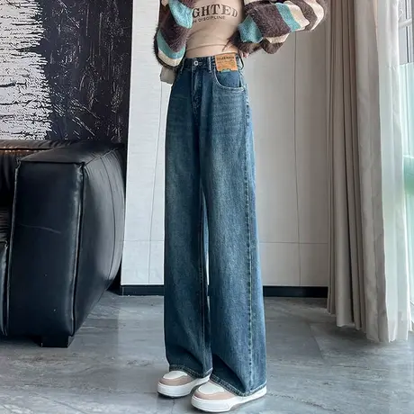 复古高腰直筒牛仔裤女秋季2023年新款梨型宽松显瘦百搭窄版阔腿裤商品大图