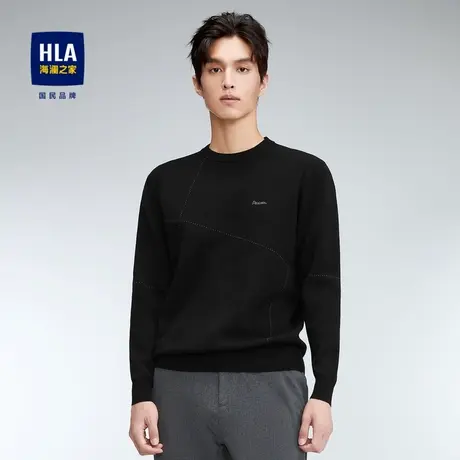 HLA/海澜之家易打理针织衫23秋季新款线条提花刺绣套头黑色毛衣男商品大图