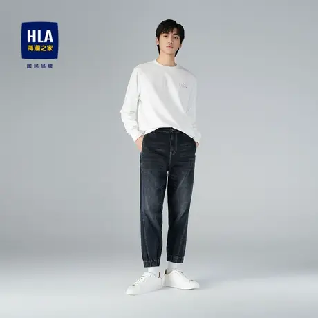 HLA/海澜之家2023抽绳松紧腰牛仔裤秋宽松五袋款洗水九分裤子男商品大图