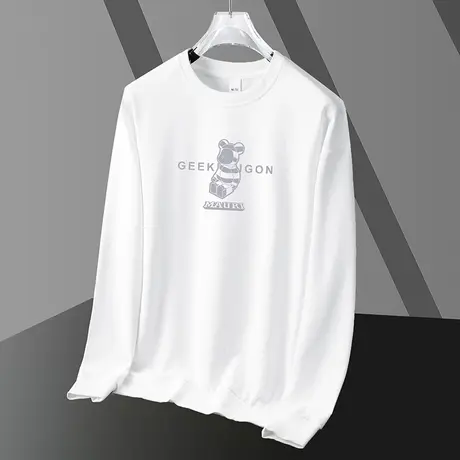 小熊卫衣男生潮ins加绒加厚套头无帽白色上衣宽松潮流圆领长袖t恤商品大图