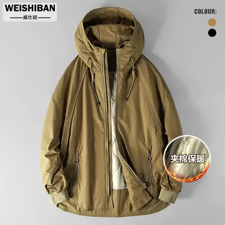 冬季新款美式休闲连帽二棉加厚棉衣男士青年百搭冲锋衣宽松外套图片