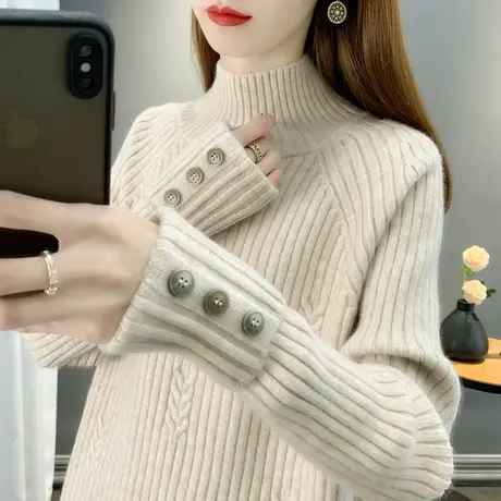 冬季女士半高领毛衣女2025年新款打底衫宽松加厚设计感洋气针织衫商品大图