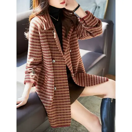 宝诗黎西装领双排扣条纹毛呢外套女2023新款秋冬中长宽松大衣开衫图片