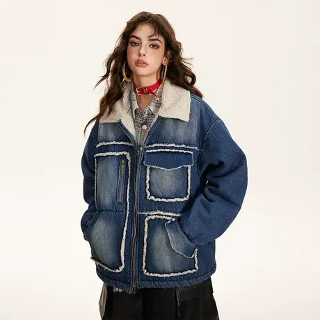 羊羔毛冬季加厚水洗牛仔外套新款工装棉服女复古宽松oversize棉衣商品大图