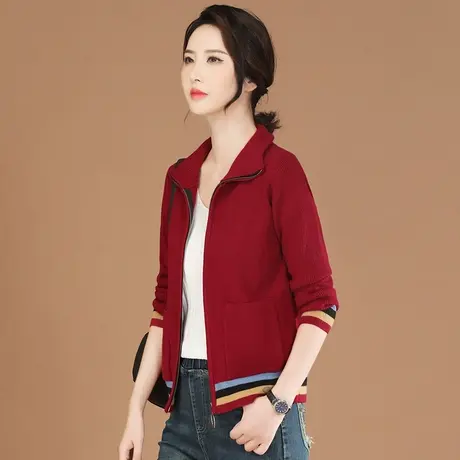 韩潮袭人红色撞色立领开衫毛衣外套女2024春装新款条纹长袖针织衫图片